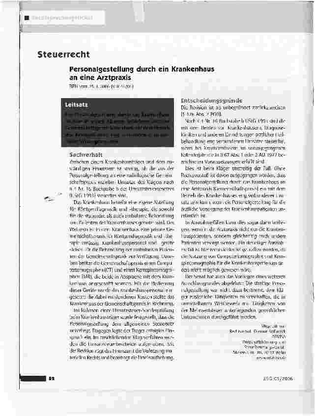 Vorschauseite 1: Personalgestellung durch ein Krankenhaus an eine ArztpraxisBFH vom 25.1.2006 (V R 46/04]
