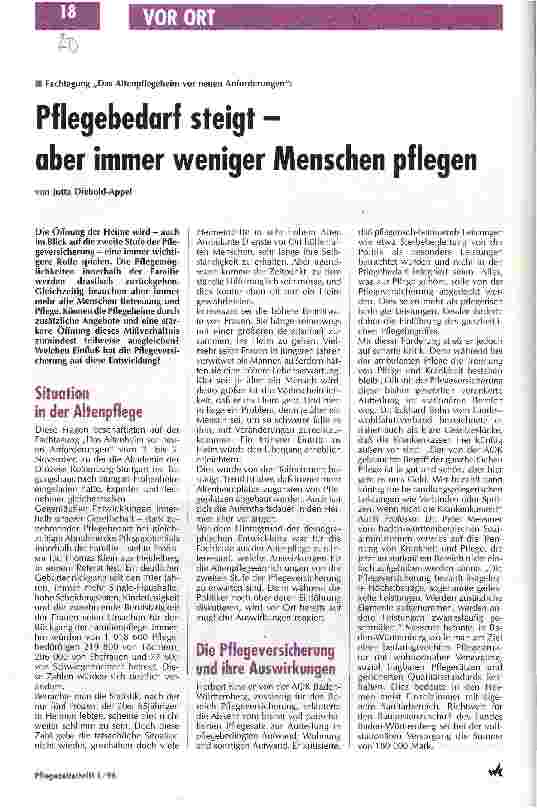 Vorschauseite 1: Pflegebedarf steigt - aber immer weniger Menschen pflegen Fachtagung Das Altenpflegeheim vor neuen Anforderungen