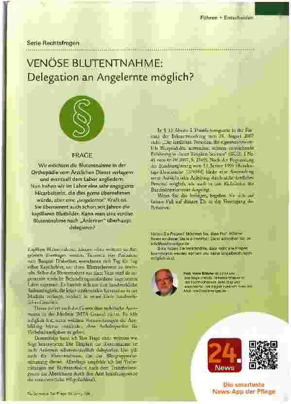 Vorschauseite 1: VENÖSE BLUTENTNAHME: Delegation an Angelernte möglich?