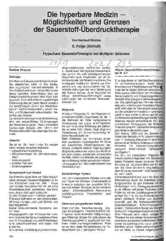 Vorschauseite 1: Die hyperbare Medizin - Möglichkeiten und Grenzen der Sauerstoff- Überdrucktherapie (9.Folge) Hyperbare Sauerstofftherapie bei MS