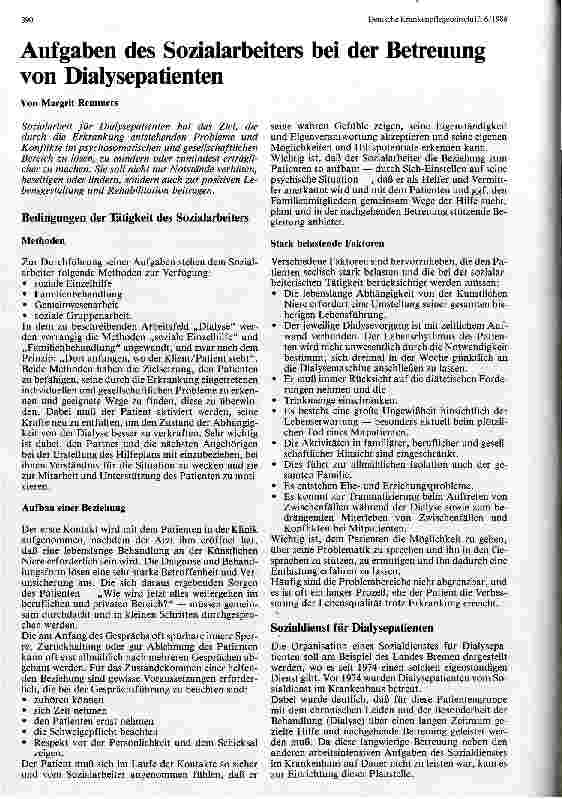Vorschauseite 1: Aufgaben des Sozialarbeiters bei der Betreuung von Dialysepatienten