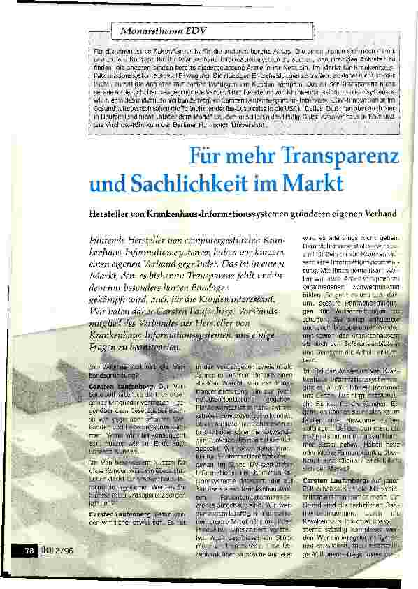 Vorschauseite 1: Für mehr Transparenz und Sachlichkeit im Markt Hersteller von Krankenhaus- Informationssystemen gründeten eigenen Verband