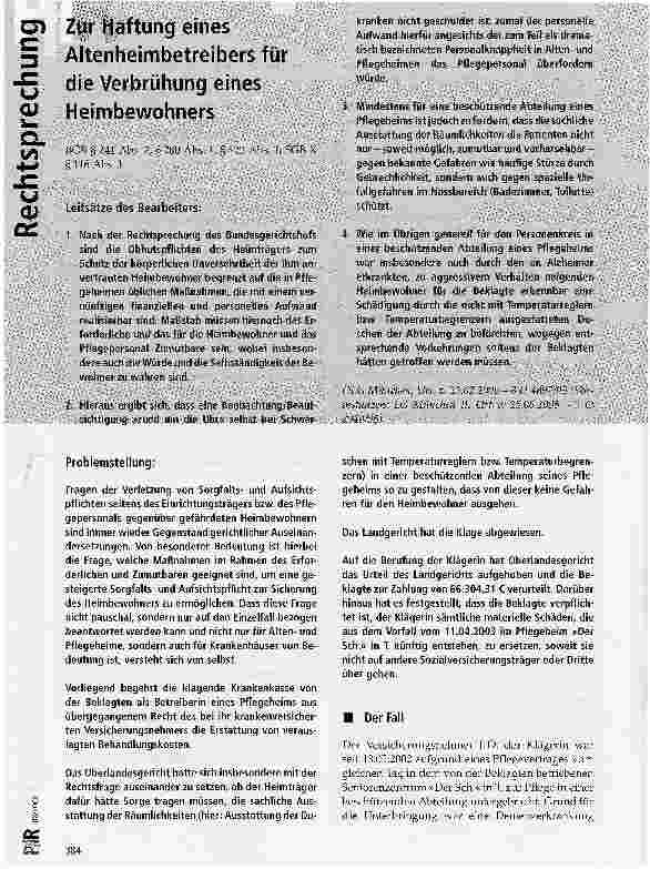 Vorschauseite 1: Zur Haftung eines Altenheimbetreibers für die Verbrühung eines Heimbewohners