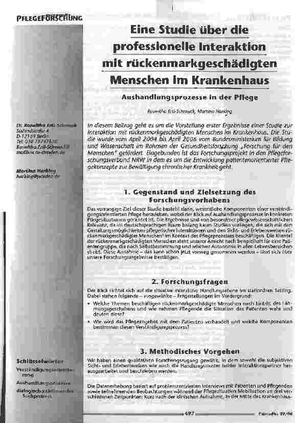 Vorschauseite 1: Eine Studie über die professionelle Interaktion mit rückenmarkgeschädigten Menschen im Krankenhaus