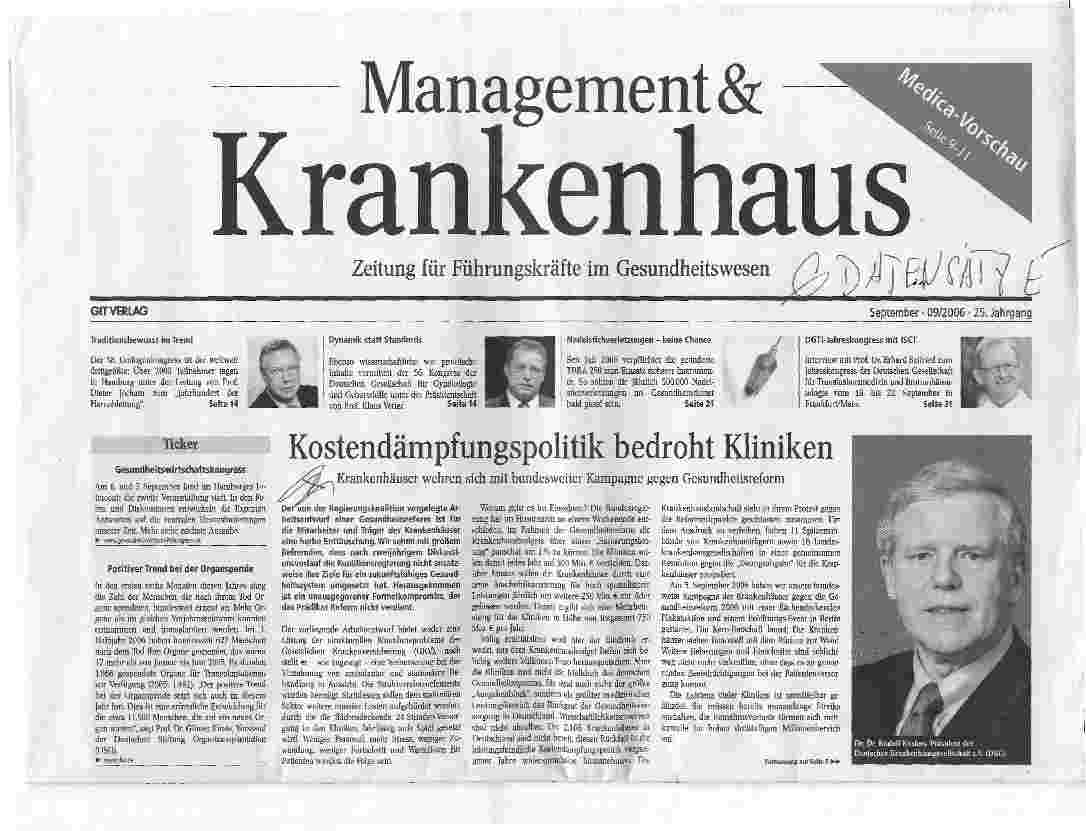 Vorschauseite 1: Kostendämpfungspolitik bedroht Kliniken