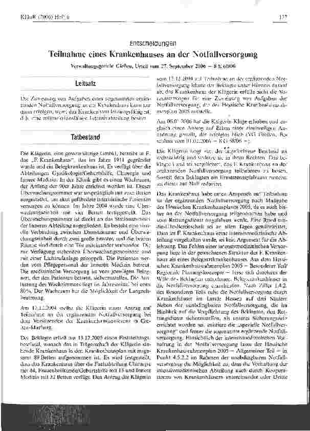Vorschauseite 1: Entscheidungen - Teilnahme eines Krankenhauses an der Notfallversorgung