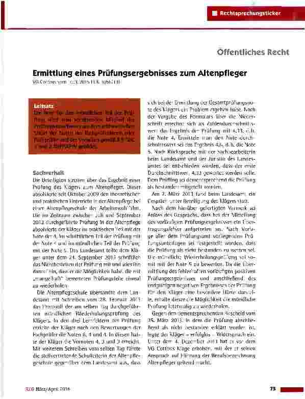 Vorschauseite 1: Ermittlung eines Prüfungsergebnisses zum Altenpfleger VG Cottbus vom 10.3.2015 (3 K 1058/13)
