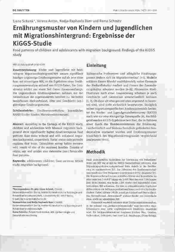 Vorschauseite 1: Ernährungsmuster von Kindern und Jugendlichen mit Migrationshintergrund: Ergebnisse der KiGGS-Studie