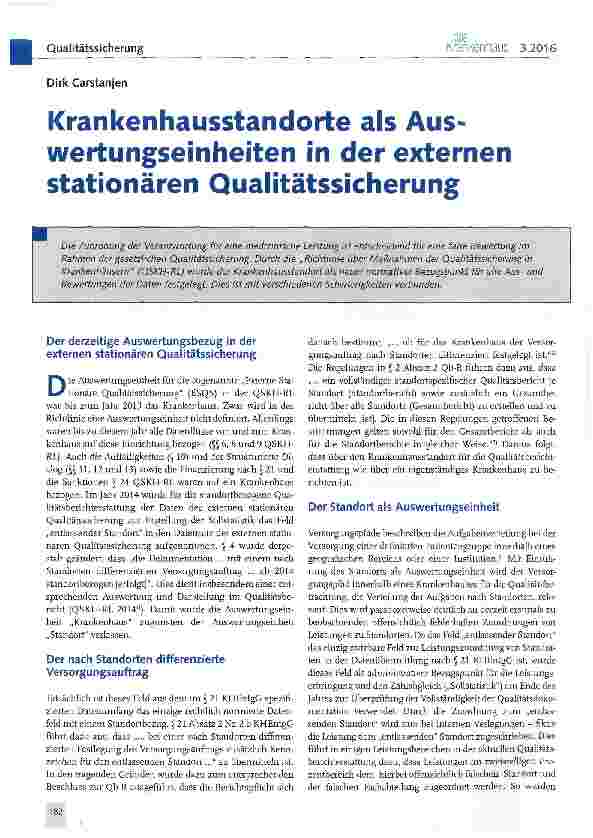 Vorschauseite 1: Krankenhausstandorte als Auswertungseinheiten in der externen stationären Qualitätssicherung