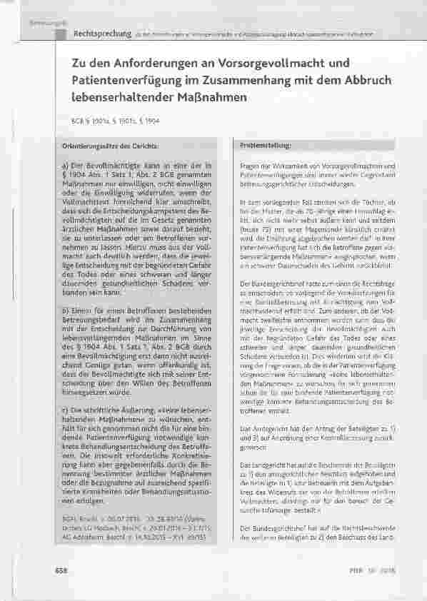 Vorschauseite 1: Zu den Anforderungen an VorsorgevoUmacht und Patientenverfügung im Zusammenhang mit dem Abbruch lebenserhaltender Mafßnahmen