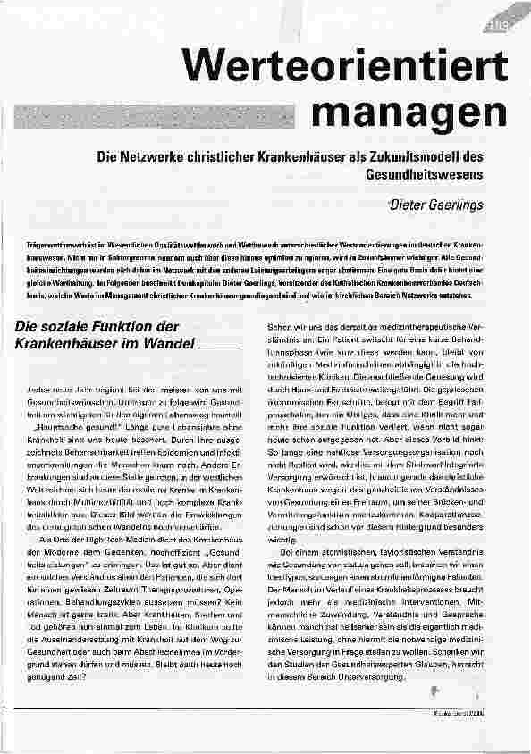 Vorschauseite 1: Werteorientiert managenDie Netzwerke christlicher Krankenhäuser als Zukunftsmodell des Gesundheitswesens