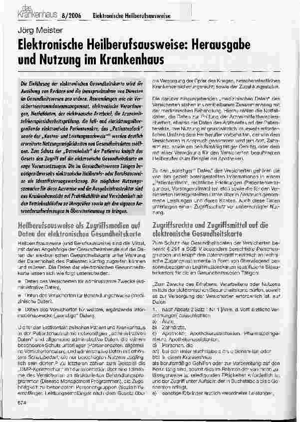 Vorschauseite 1: Elektronische Heilberufsausweise: Herausgabe und Nutzung im Krankenhaus