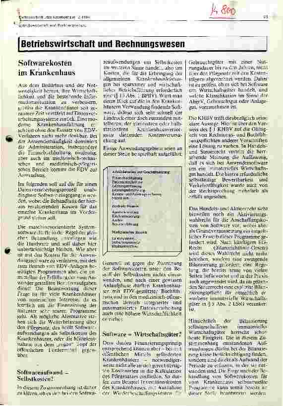 Vorschauseite 1: Betriebswirtschaft und Rechnungswesen, Softwarekosten im Krankenhaus
