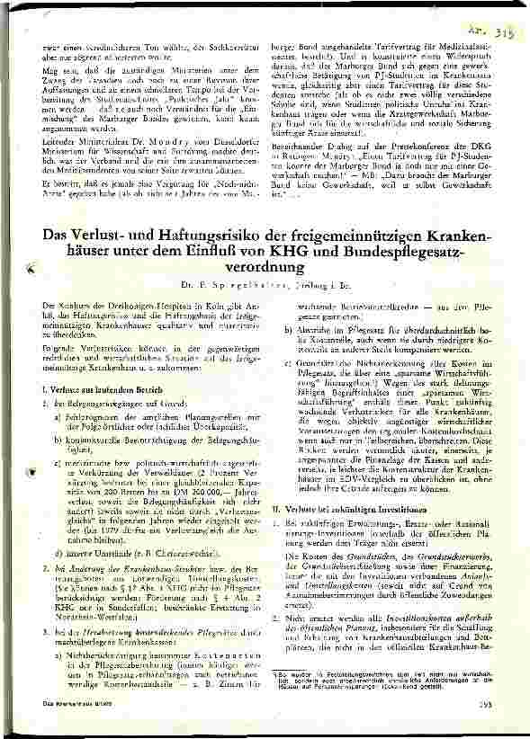 Vorschauseite 1: Das Verlust und Haftungsrisiko der feigemeinnützigen Krankenhäuser unter dem Einfluß von KHG und Bundespflegesatzverordnung