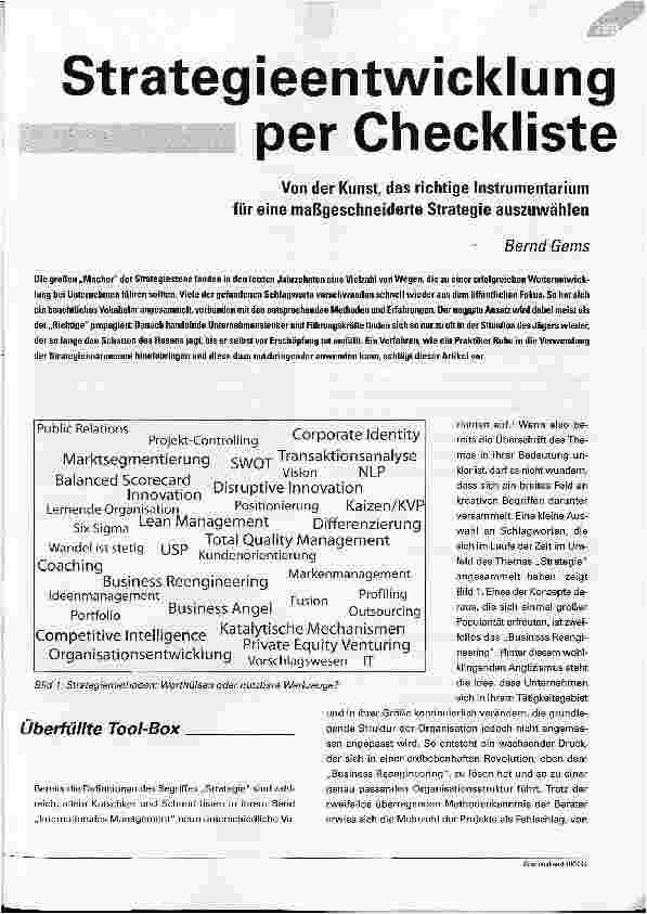 Vorschauseite 1: Strategieentwicklung per Checkliste - Von der Kunst das richtige Instrumentarium für eine maßgeschneiderte Strategie auszuwählen