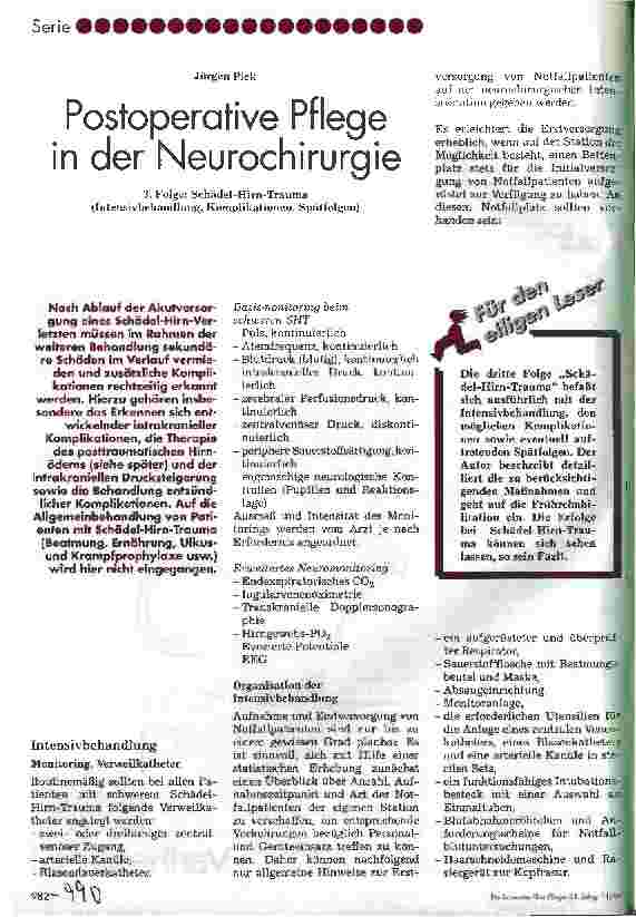 Vorschauseite 1: Postoperative Pflege in der Neurochirurgie 3. Folge: Schädel-Hirn-Trauma