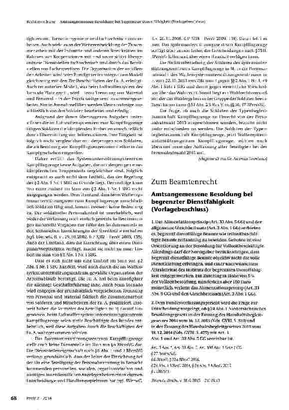 Vorschauseite 1: Amtsangemessene Besoldung bei begrenzter Dienstfähigkeit (Vorlagebeschluss)