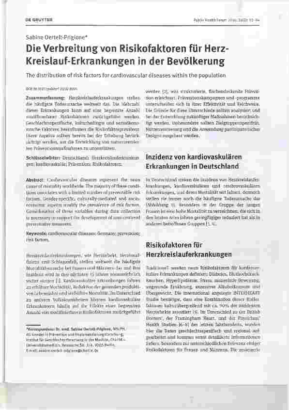 Vorschauseite 1: Die Verbreitung von Risikofaktoren für Herz- Kreislauf-Erkrankungen in der Bevölkerung