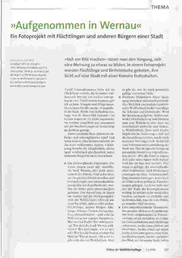 Vorschauseite 1: »Aufgenommen in Wernau« Ein Fotoprojekt mit Flüchtlingen und anderen Bürgern einer Stadt