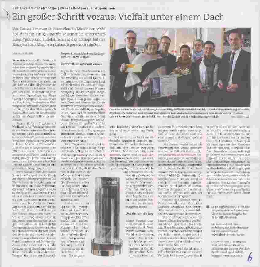 Vorschauseite 1: Caritas-Zentrum in Mannheim gewinnt Aitenheim Zukunftspreis 2016 Ein großer Schritt voraus: Vielfalt unter einem Dach