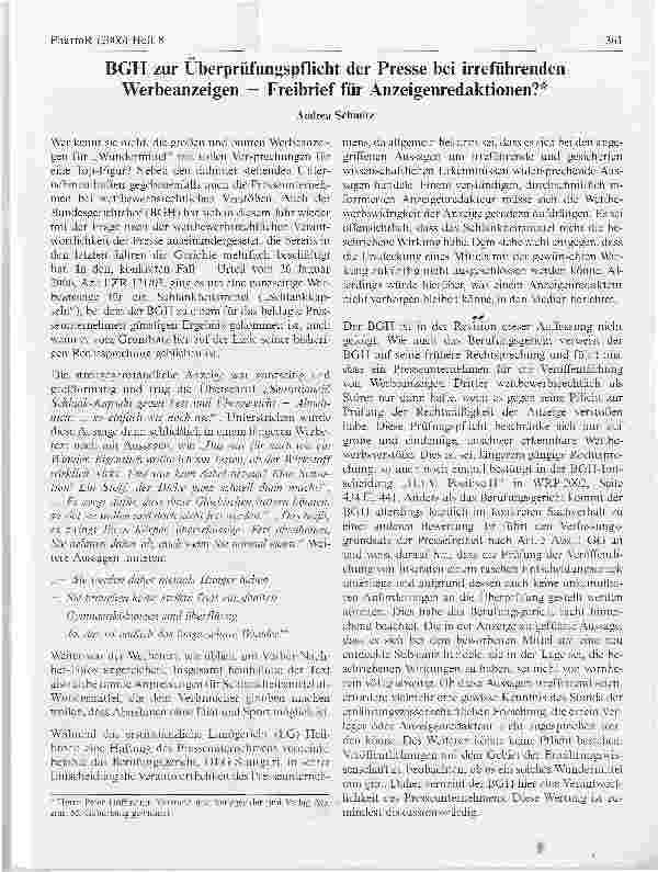 Vorschauseite 1: BGH zur Überprüfungspflicht der Presse bei irreführenden Werbeanzeigen - Freibrief für Anzeigenredaktionen?*