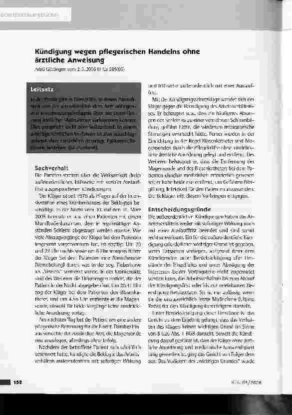 Vorschauseite 1: Kündigung wegen pflegerischen Handelns ohne ärztliche Anweisung