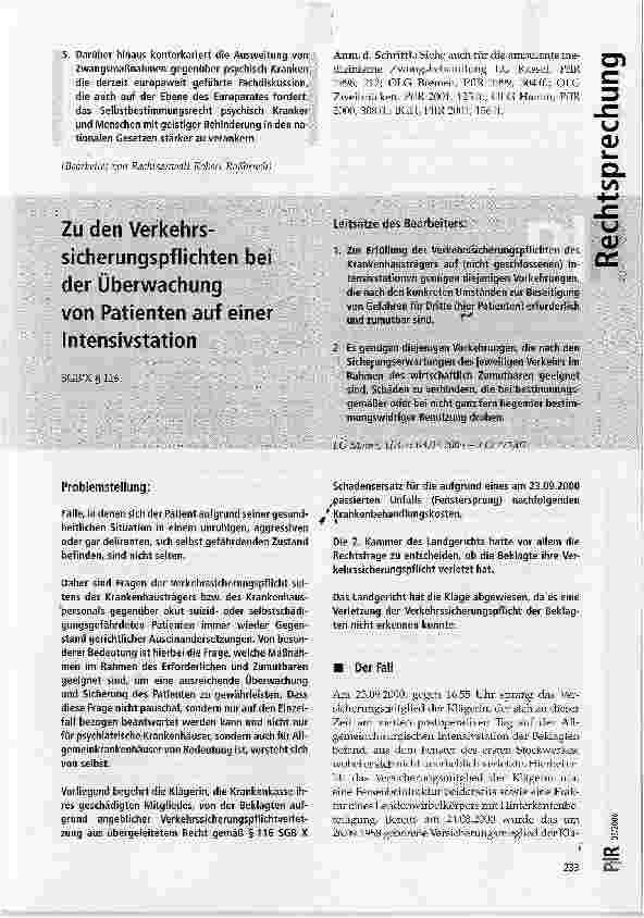 Vorschauseite 1: Zu den Verkehrs-sicherungspflichten bei der Überwachung von Patienten auf einer Intensivstation