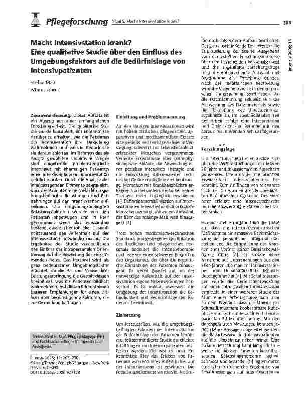 Vorschauseite 1: Macht Intensivstation krank? Eine qualitative Studie über den Einfluss des Umgebungsfaktors auf die Bedürfnislage von Intensivpatienten
