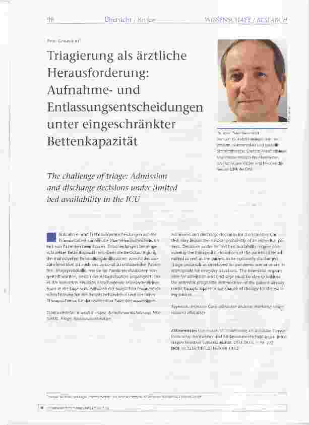 Vorschauseite 1: Triagierung als ärztliche Herausforderung: Aufnahmeund Entlassungsentscheidungen unter eingeschränkter Bettenkapazität