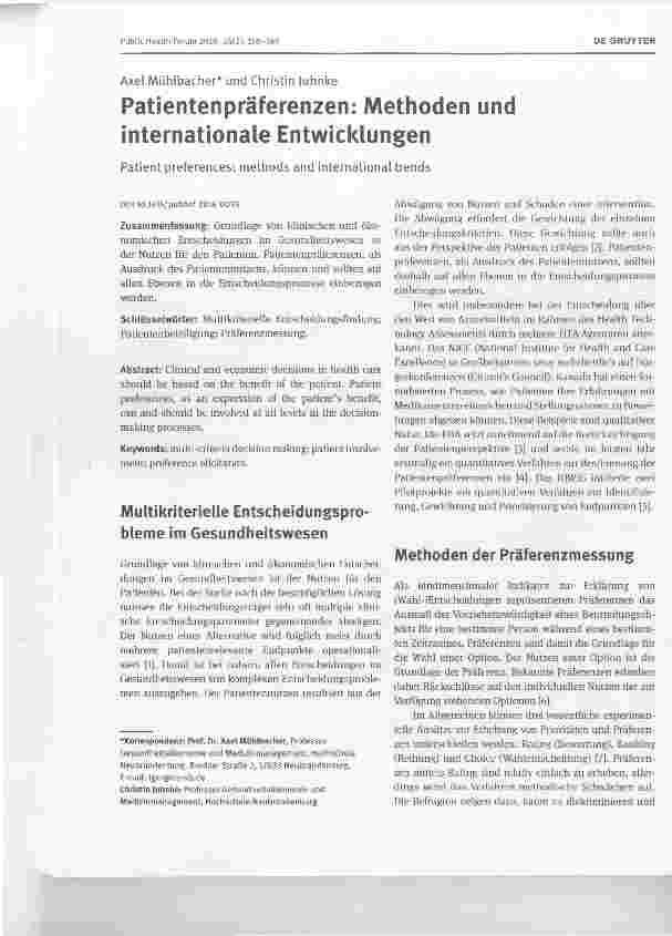 Vorschauseite 1: Patienten Präferenzen: Methoden und internationale Entwicklungen