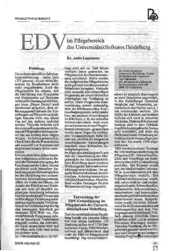 Vorschauseite 1: EDV im Pflegebereich des Universitätsklinikums Heidelberg