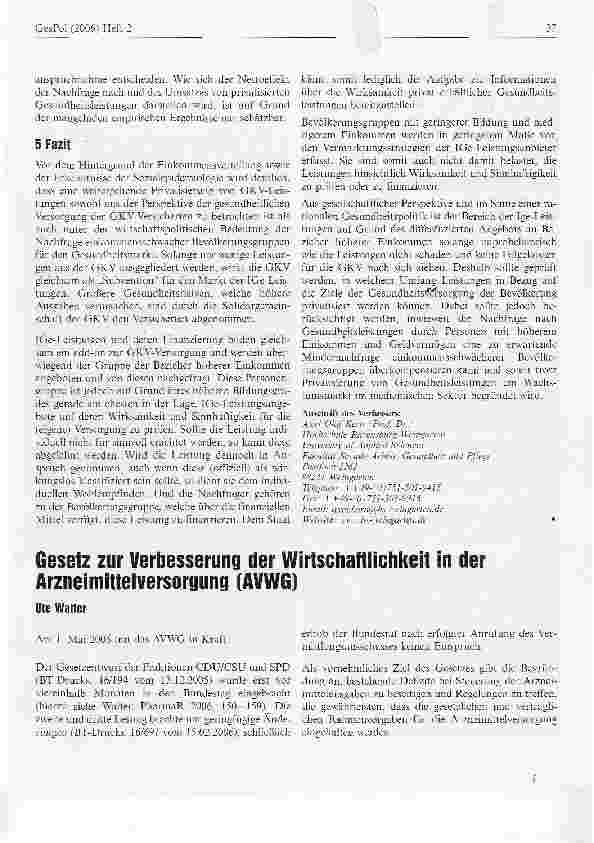 Vorschauseite 1: Gesetz zur Verbesserung der Wirtschaftlichkeit in der Arzneimittelversorgung (AVWG)