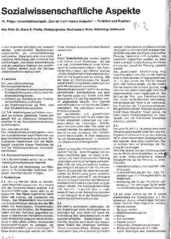 Vorschauseite 1: Sozialwissenschaftliche Aspekte 14. Folge: Unterrichtsspiel Das ist nicht meine Aufgabe Funktion