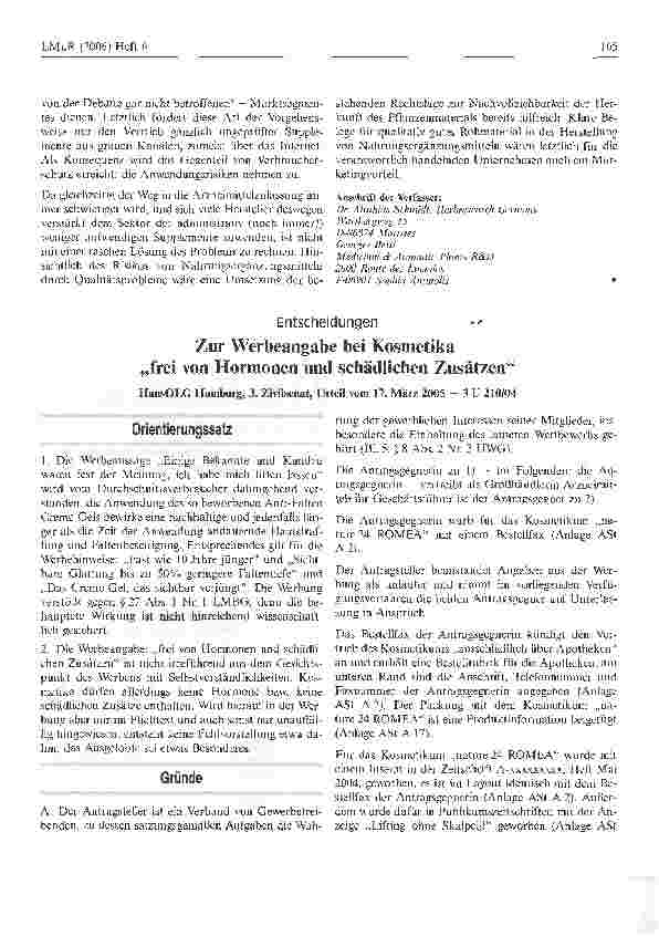 Vorschauseite 1: Zur Werbeangabe bei Kosmetika frei von Hormonen und schädlichen Zusätzen
