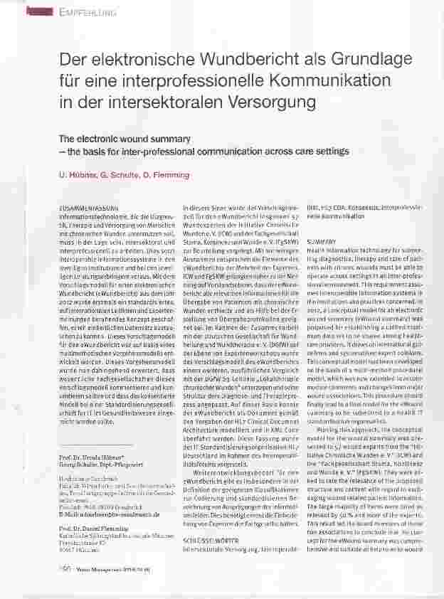 Vorschauseite 1: Der elektronische Wundbericht ais Grundiage für eine interprofessionelle Kommunikation in der intersektoralen Versorgung