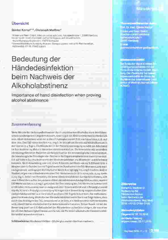 Vorschauseite 1: Bedeutung der Händedesinfektion beim Nachweis der Alkoholabstinenz