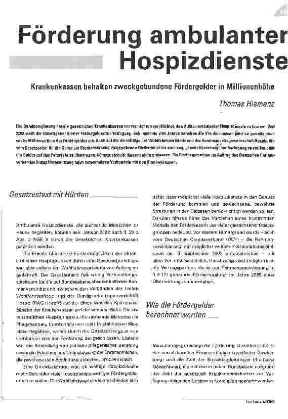Vorschauseite 1: Förderung ambulanter HospizdiensteKrankenkassen behalten zweckgebundene Fördergelder in Millionenhöhe