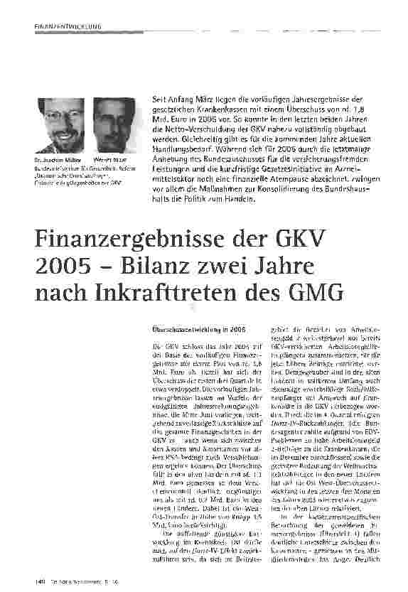 Vorschauseite 1: Finanzergebnisse der GKV 2005 - Bilanz zwei Jahre nach Inkrafttreten des GMG