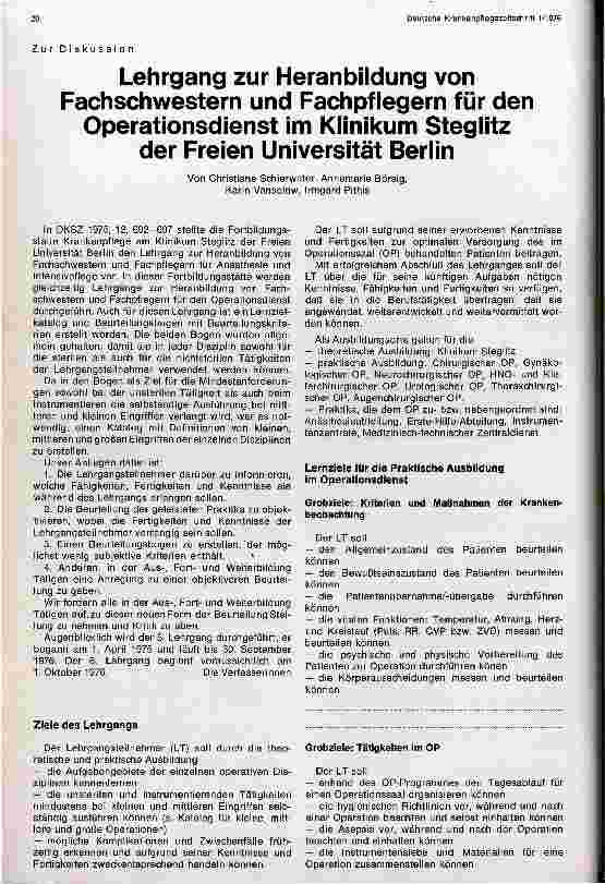 Vorschauseite 1: Lehrgang zur Heranbildung von Fachschwestern und Fachpflegern für den OP-dienst UNI Berlin