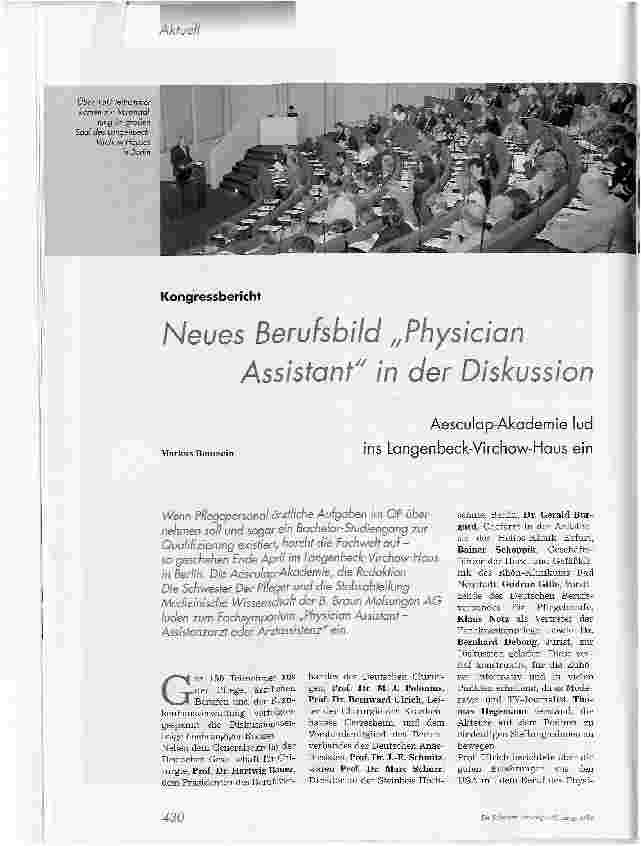 Vorschauseite 1: Neues Berufsbild Physician Assistant in der Diskussion Aesculap-Akademie lud ins Langenbeck-Virchow-Haus ein