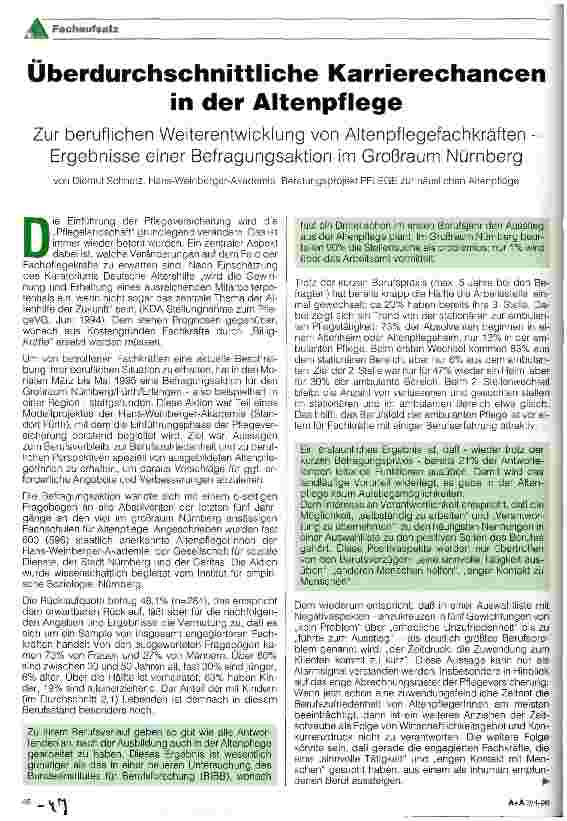 Vorschauseite 1: Überdurchschnittliche Karrierechancen in der Altenpflege Zur beruflichen Weiterentwiclung von Altenpflegefachkräften - Ergebnisse einer Befragungsaktion im Großraum Nürnberg