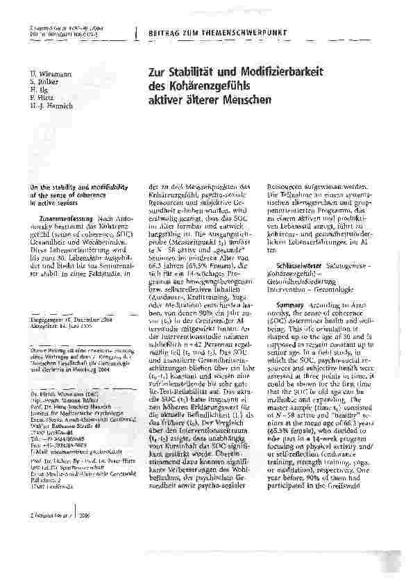 Vorschauseite 1: Zur Stabilität und Modifizierbarkeit des Kohärenzgefühls aktiver älterer Menschen