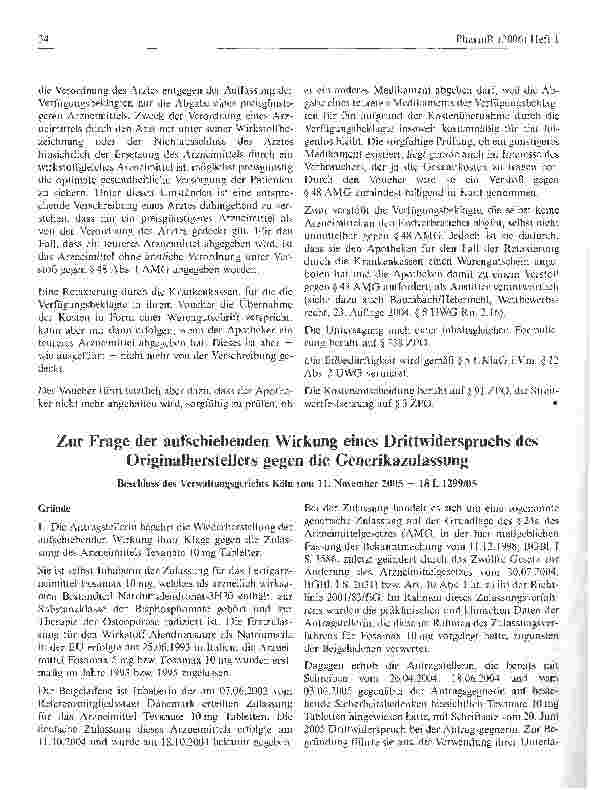 Vorschauseite 1: Zur Frage der aufschiebenden Wirkung eines Drittwiderspruchs des Originalherstellers gegen die Generikazulassung