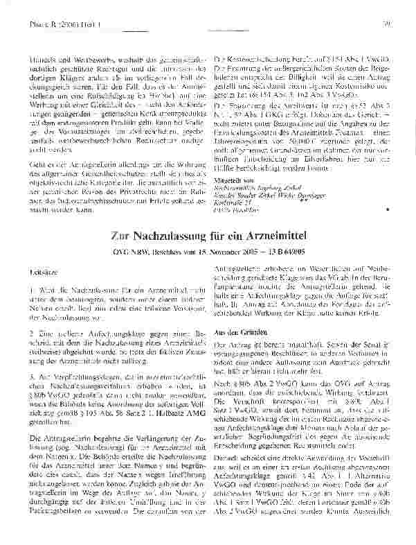 Vorschauseite 6: Zur Frage der aufschiebenden Wirkung eines Drittwiderspruchs des Originalherstellers gegen die Generikazulassung