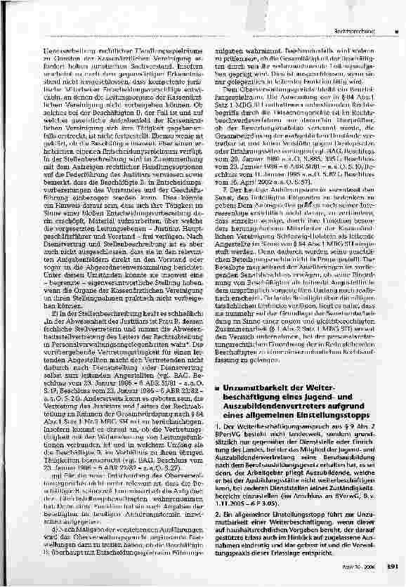Vorschauseite 1: Unzumutbarkeit der Weiterbeschäftigung eines Jugendund Auszubildenden Vertreters aufgrund eines allgemeinen Einstellungsstopps