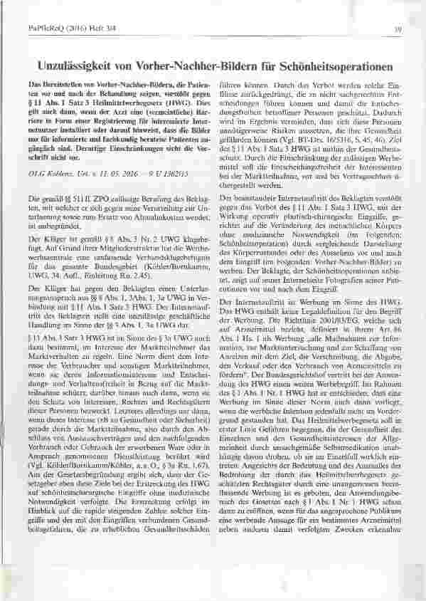 Vorschauseite 1: Unzulässigkeit von Vorher-Nachher-Bildern für Schönheitsoperationen