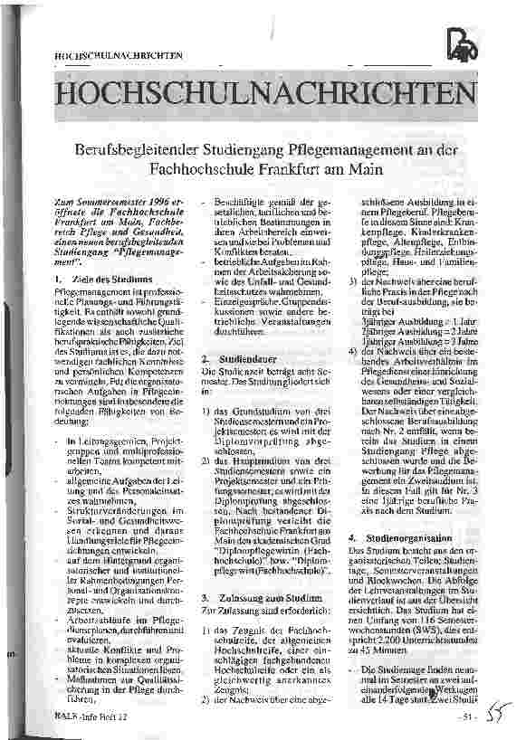 Vorschauseite 1: Berufsbegleitender Studiengang Pflegemanagement an der Fachhochschule Frankfurt am Main
