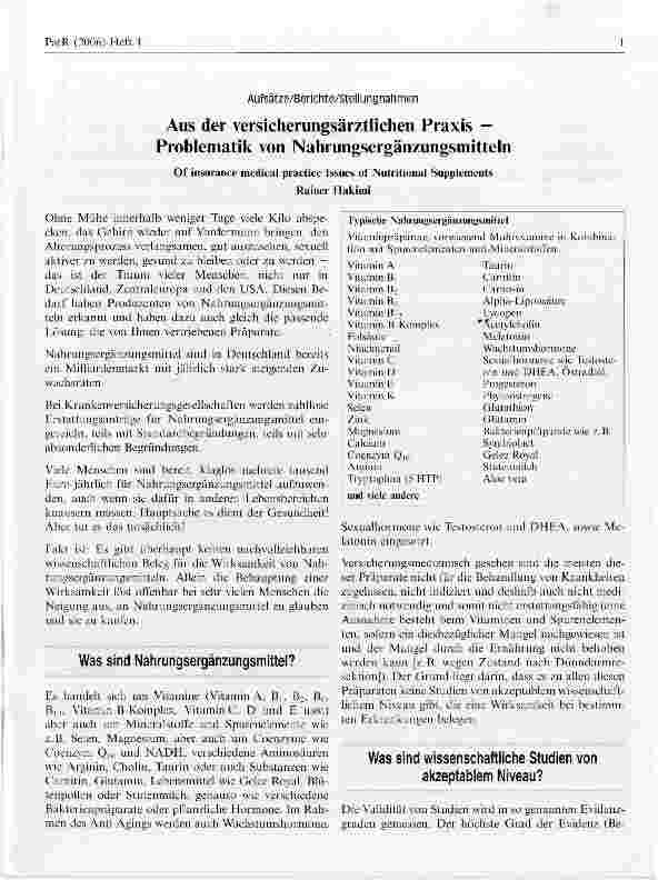 Vorschauseite 1: Aus der versicherungsärztlichen Praxis - Problematik von Nahrungsergänzungsmitteln