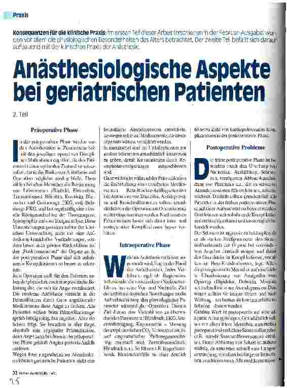Vorschauseite 1: Anästhesiologische Aspekte bei geriatrischen Patienten Konsequenzen für die klinische Praxis 2. Teil