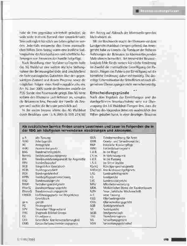 Vorschauseite 2: Genehmigung zum Abbruch der künstlichen ErnährungLG Waldshut-Tiegen vom 20.2.2006 (1 T 161/05)